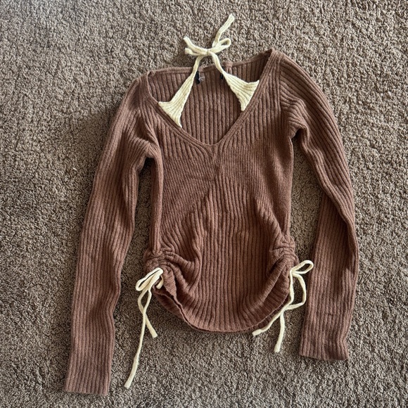 Tops - Brown Ribbed Long Sleeve Top